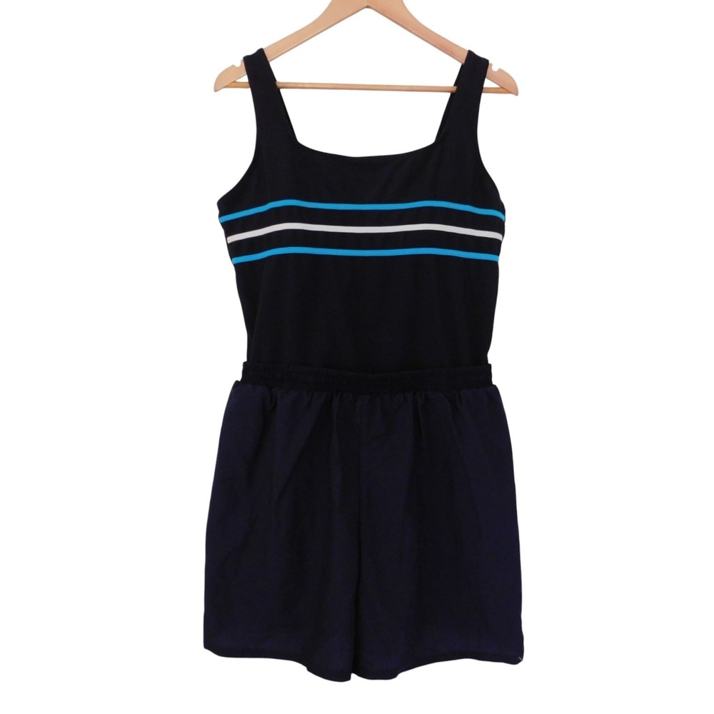 LL Bean Womens Swimsuit One‎ Pc Built-in Shorts 20 Blue Striped Modest